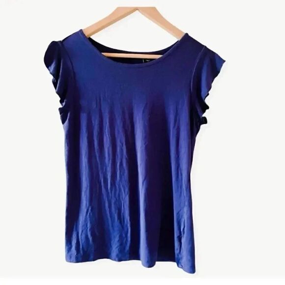 2 for $30 Tahari Navy Ribbed Knit Ruffle Career Work Office Womens Top Sz S - Picture 1 of 3